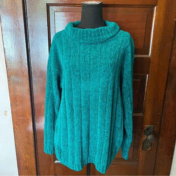 Dana Scott Vintage Teal Velvet Funnel Neck Sweater - Picture 1 of 4